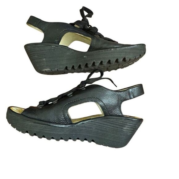 FLY London Yifi Black Leather Lace Up Wedge Sandals Size 40 = US 9 - 9.5 - Picture 4 of 8